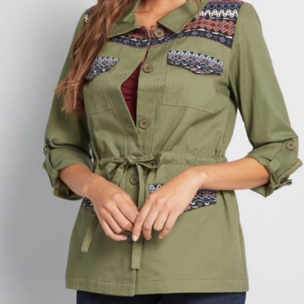 Modcloth Keep A Woven Mind Olive Green Utility Embroidered Jacket Size M